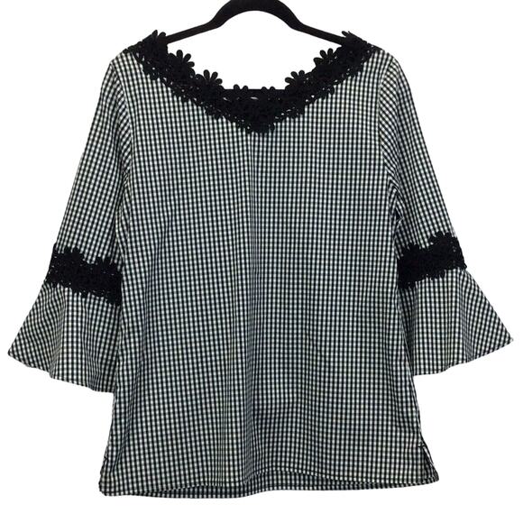 Chico's Tunic Women's Size 0 (XS/4) Black Gingham 3/4 Bell Sleeve Lace Applique - Picture 10 of 12